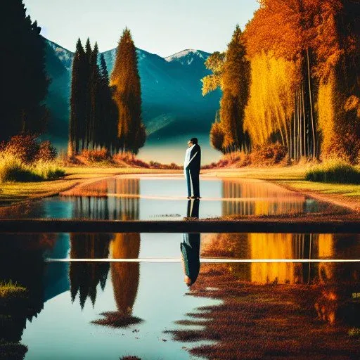 Solitary figure reflected in calm water with autumn trees and mountains, symbolizing reflection, commitment, and emotional depth.