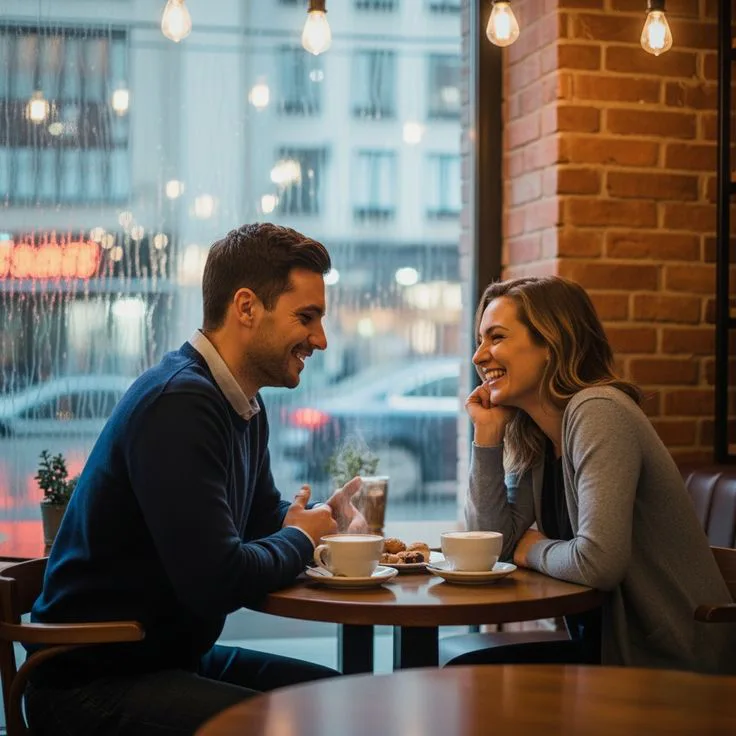 A man and woman smiling at each other across a café table, suggesting connection, encouragement, and supportive family communication.